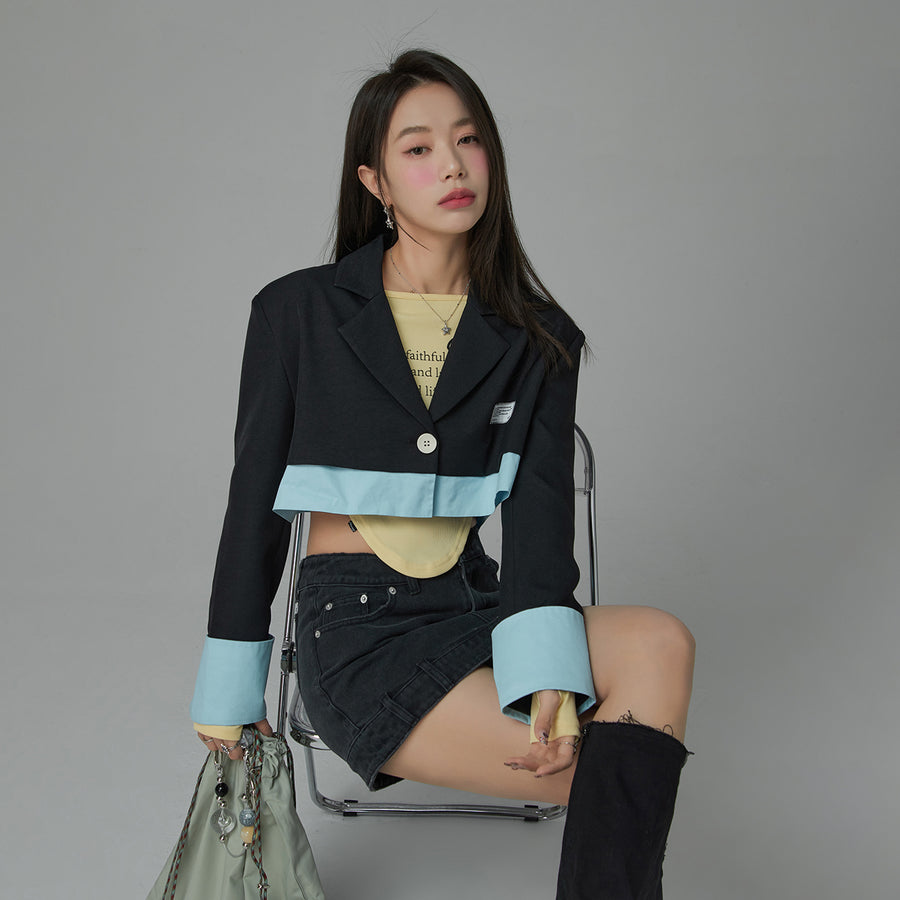 CHUU One Button Color Combination Cropped Jacket