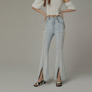 Lace Up Pocket Slit Bootcut Light Wash Denim Jeans