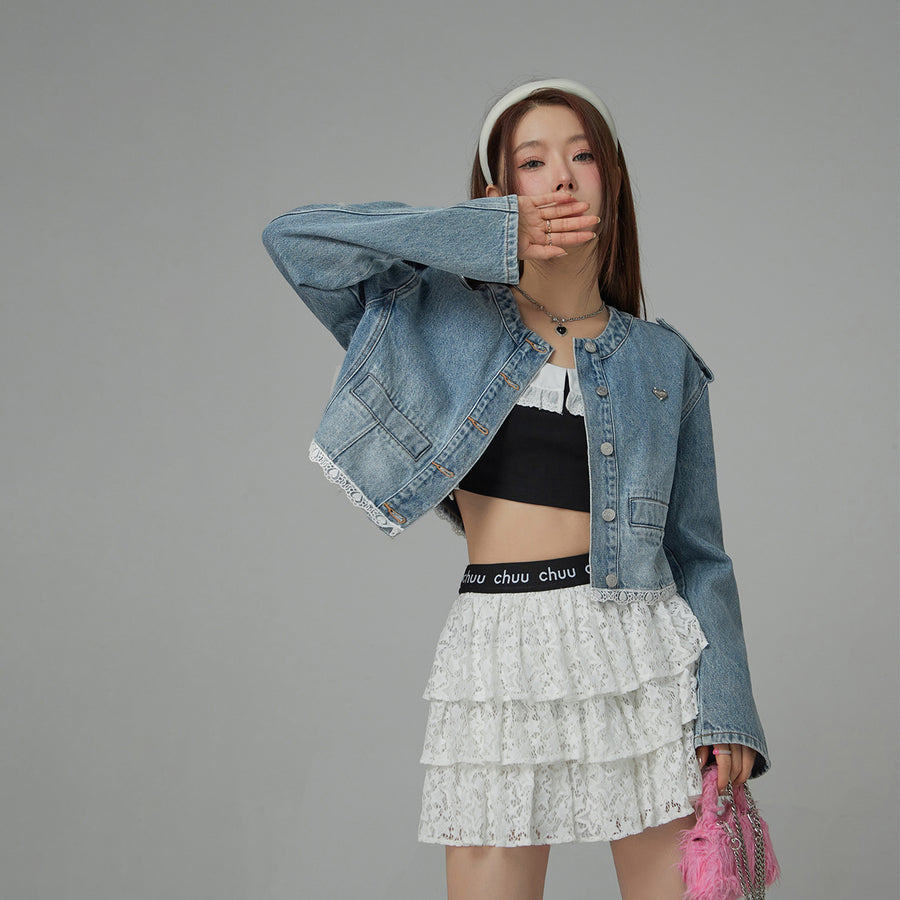 CHUU Lace Detail Cropped Denim Jacket