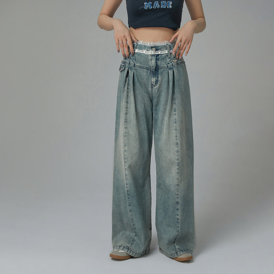 CHUU Lace High Waist Wide Straight Jeans
