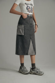 Grayscale Color Pocket Long Denim Skirt