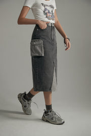 Grayscale Color Pocket Long Denim Skirt