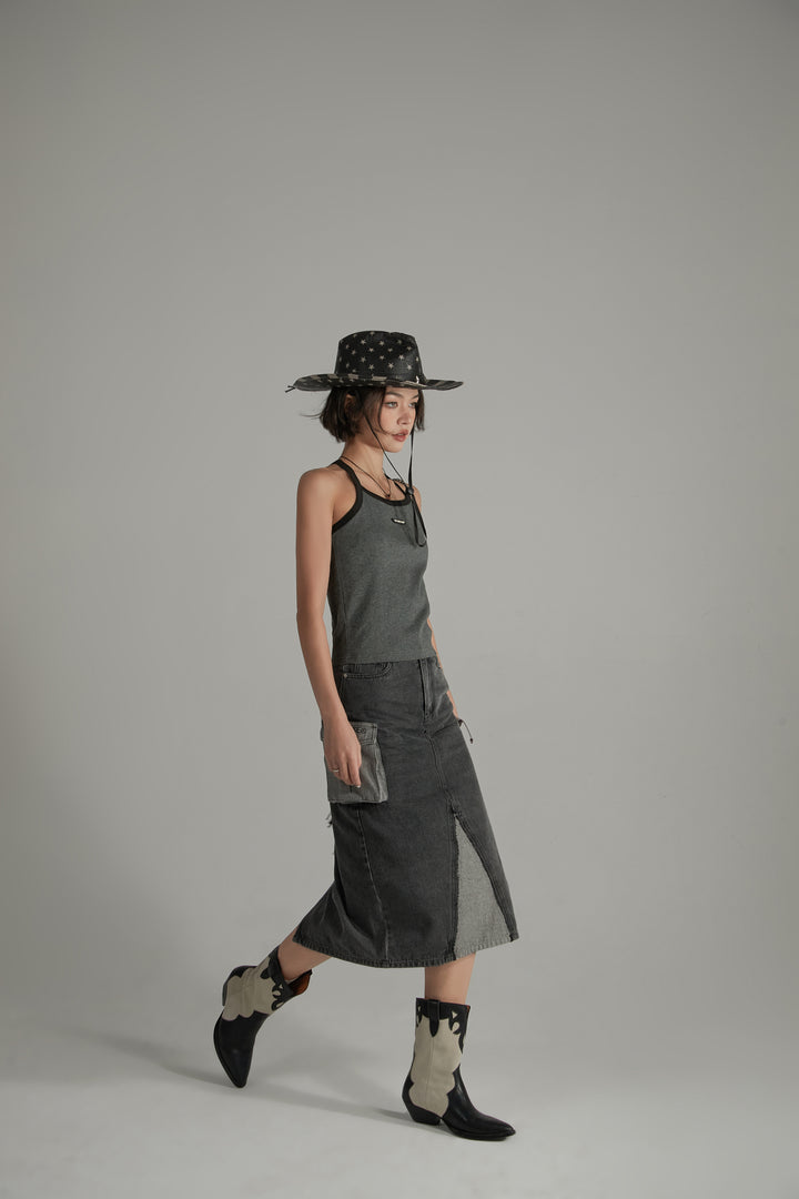 Grayscale Color Pocket Long Denim Skirt