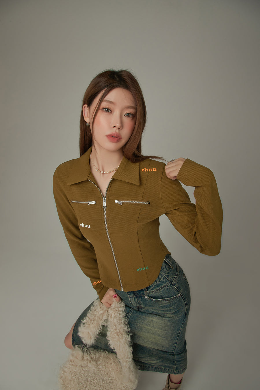 CHUU Collar Zip-Up Long Sleeve Top