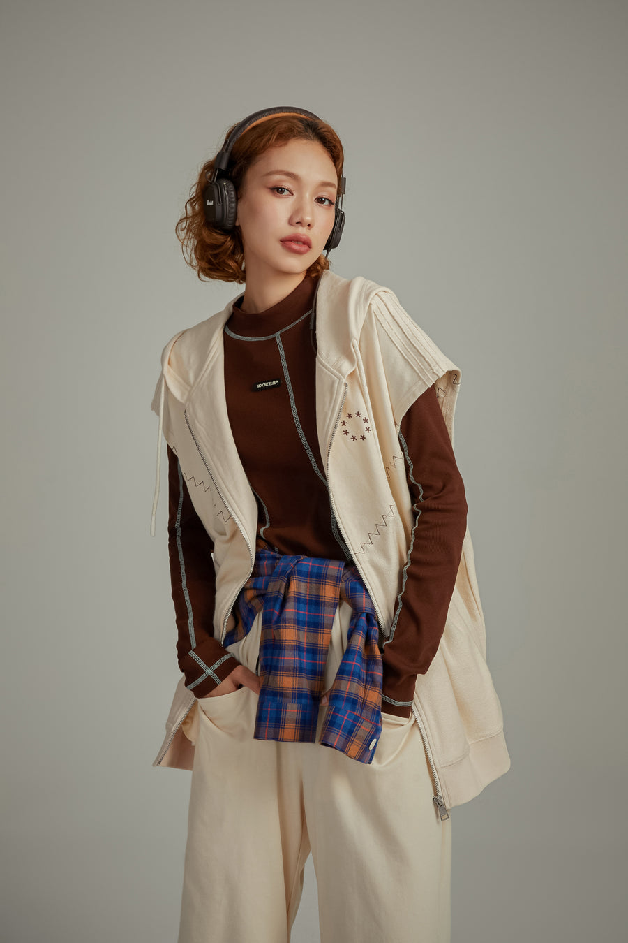 CHUU Stitch Hooded Zip-Up Vest