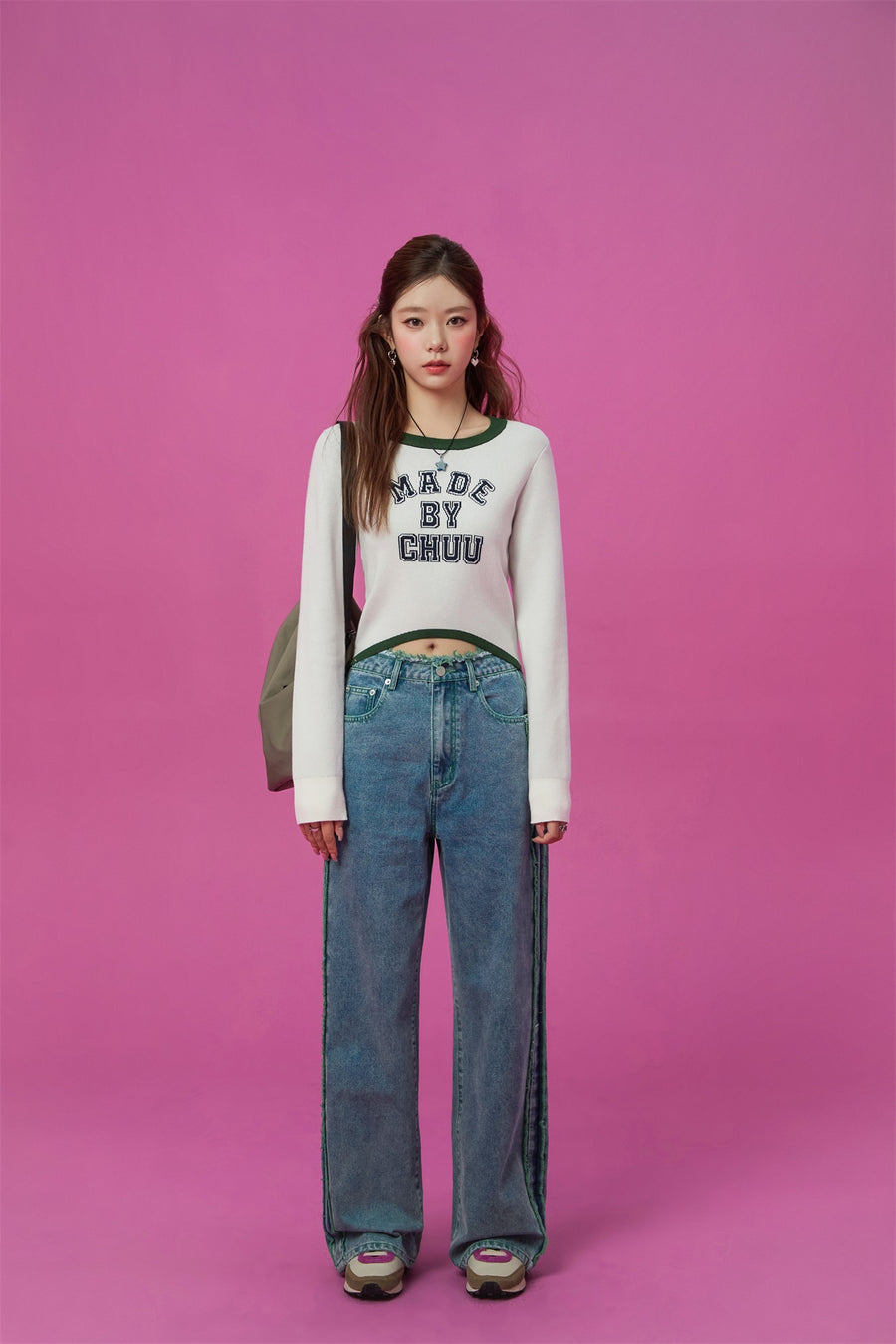 CHUU Frayed Denim Color Lined Straight Jeans