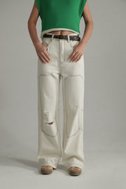 Distressed Ripped Outlined Cotton Wide Pants