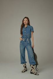 String Embroidered Denim Jumpsuit