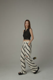 Diagonal Striped Leg Slits Training Wide Pants