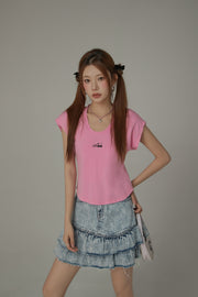 Cherry Embroidered U Neck Short Sleeve T-Shirt