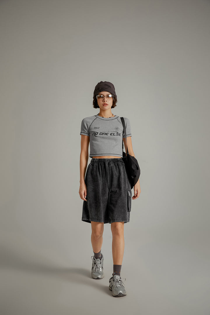 Noe Lettering Vintage Stitched Crop Short Sleeve T-Shirt