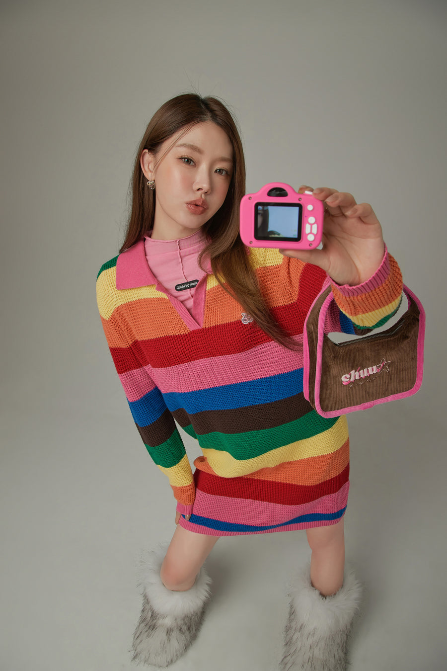 CHUU Open Collar Rainbow Knit Dress