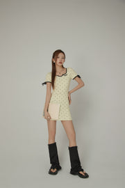 Heart Dot Patten Ribbon Sleeves Mini Dress