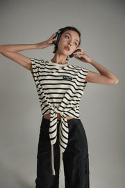 Striped Front Tie Loose Fit Sleeveless T-Shirt