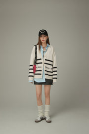 Lettering Striped Knit Cardigan