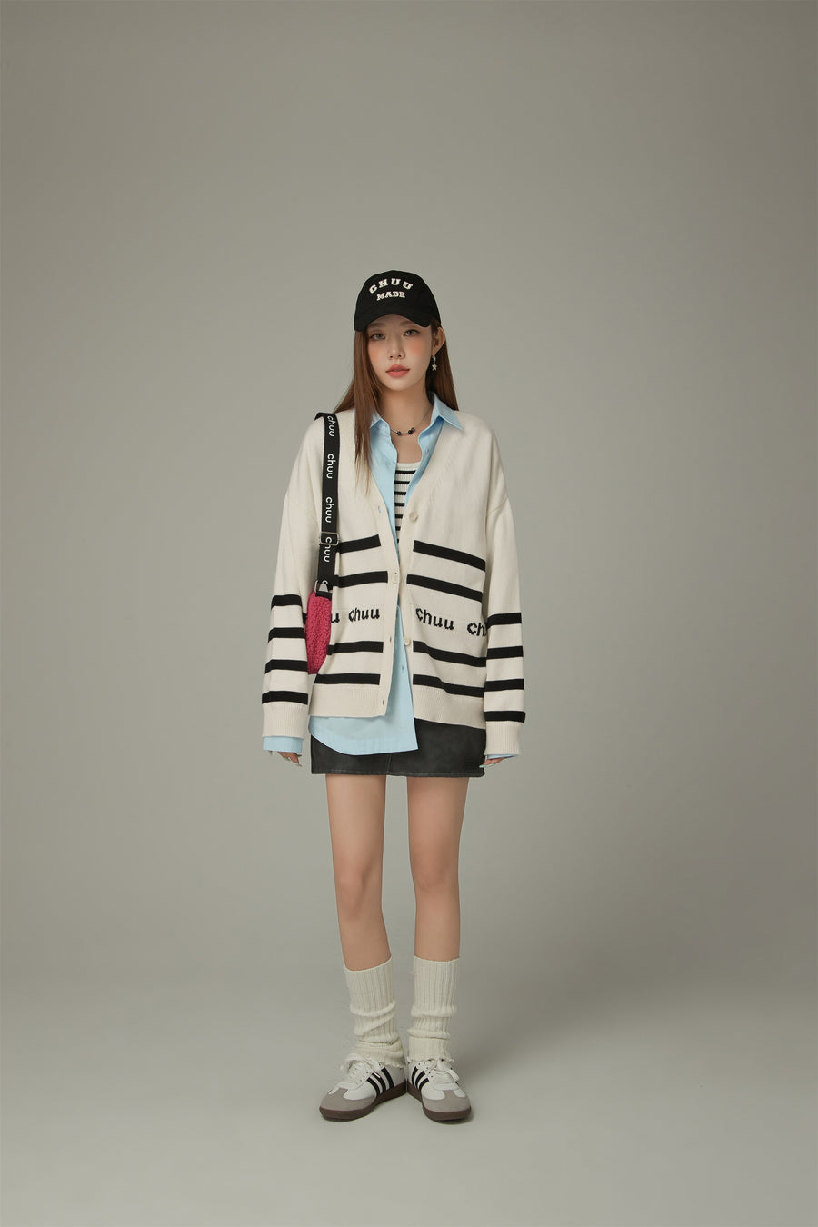 CHUU Lettering Striped Knit Cardigan