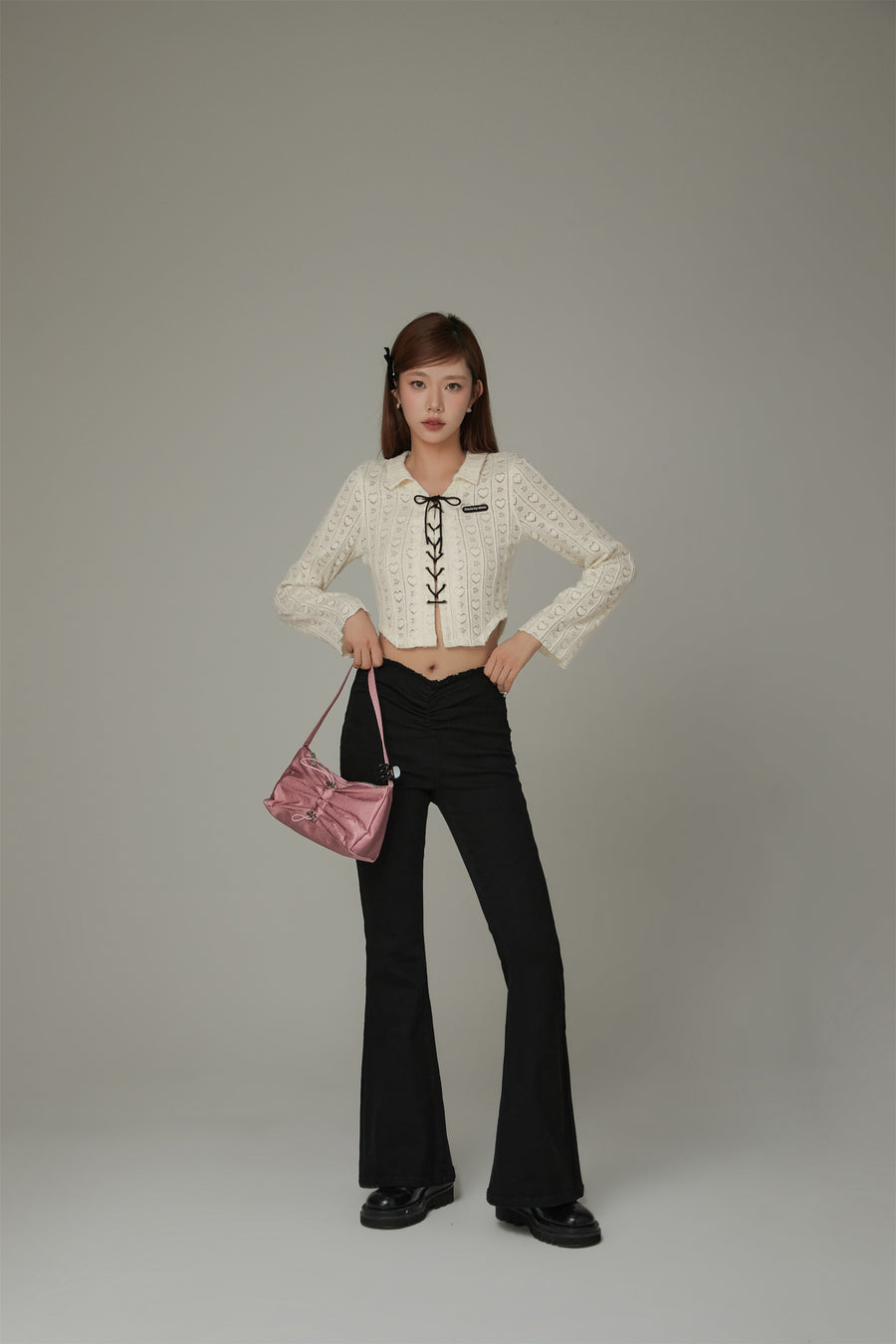 CHUU Heart Pattern Bow Lace Up Crop Blouse