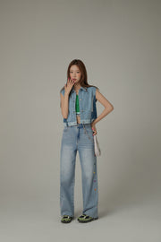 Colorful Heart Embroidered Denim Straight Wide Jeans