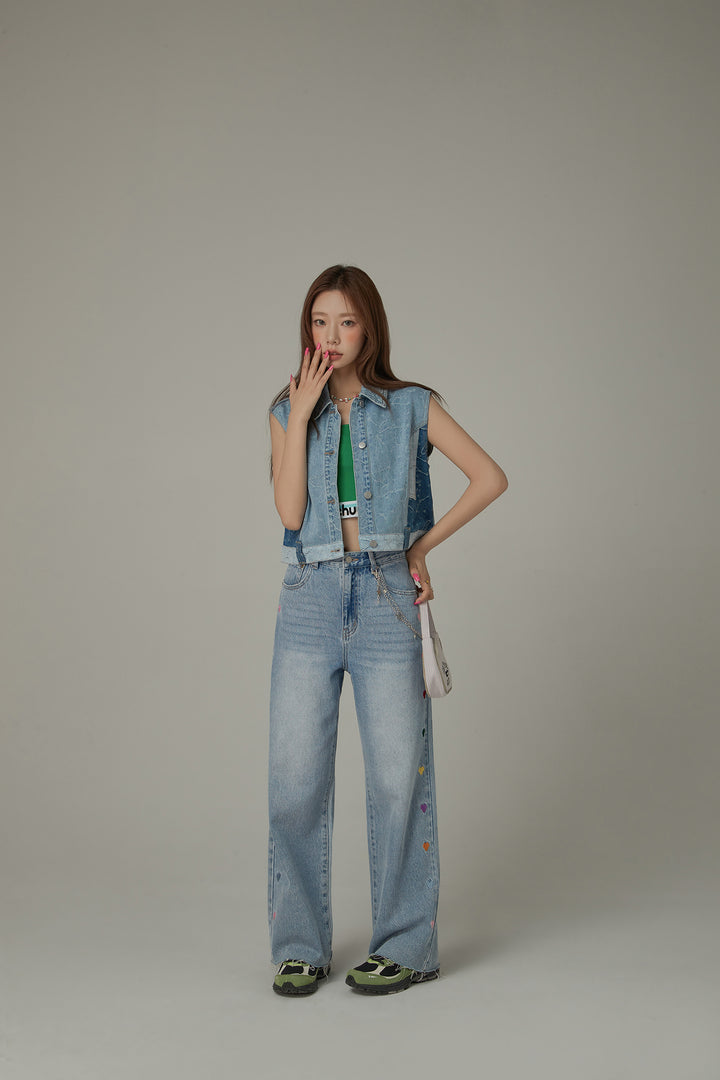 Colorful Heart Embroidered Denim Straight Wide Jeans