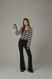 Button Stripe Color Knit Sweater