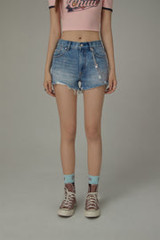 Distressed Raw Hem Charm Chain Denim Shorts