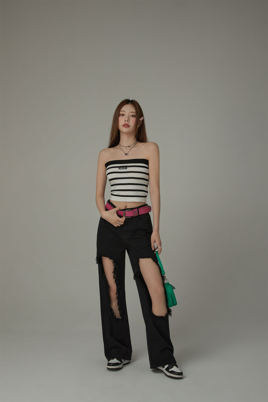 CHUU High Waist Distressed Ripped Open Wide-Leg Pants