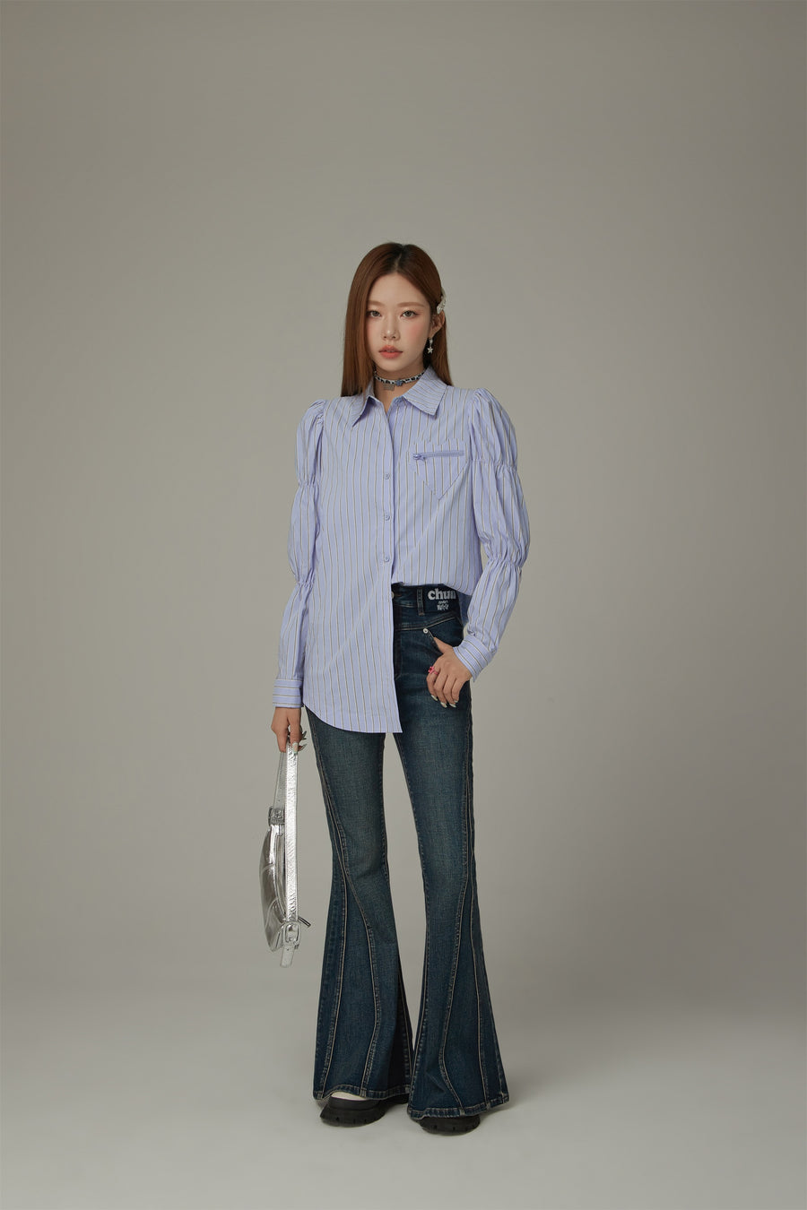 CHUU Heart Pocket Stripe Shirt