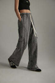 Elastic Waist Casual Diagonal Pocket Wide Leg Pants