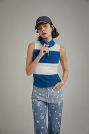 Half Zip-Up Color Stripe Sleeveless Top