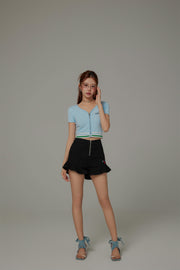 Ruffled Embroidered Letter Zipper Denim Shorts