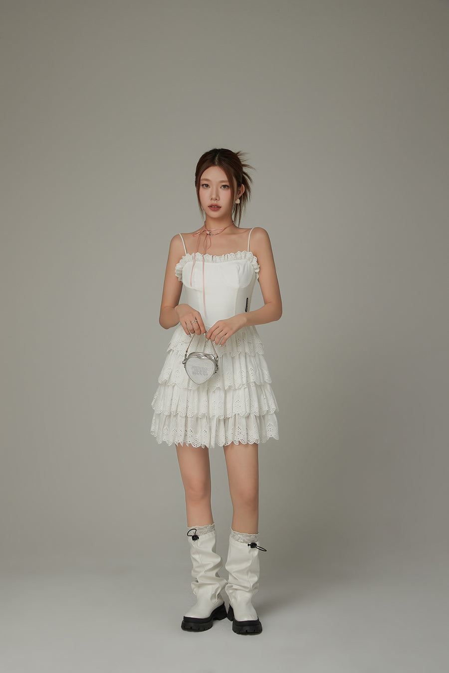 CHUU Lace Layered Ruffle Corset Strap Mini Dress