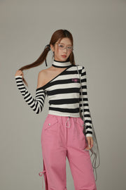 One Shoulder Choker Stripe Knit Top