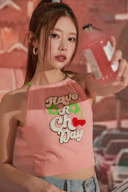 Embroidered Have A Chuu Day Cherries Sleeveless Halter Neck Top