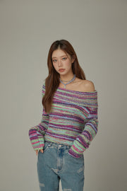 Off-Shoulder Color Stripe Knit Sweater