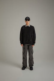 Pocket Paint Splatter Distressed Loose Fit Knit Sweater