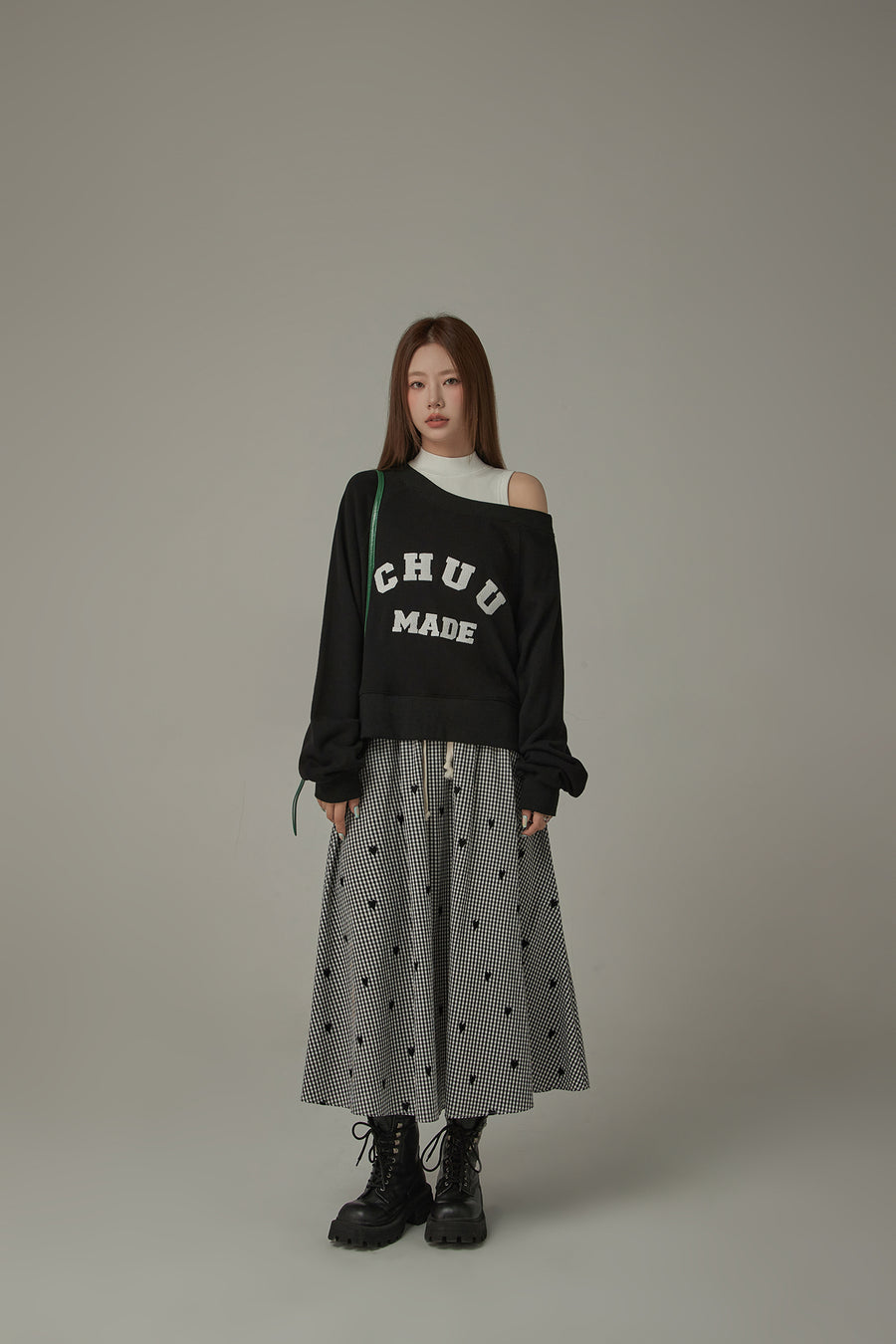 CHUU String Heart Check Long Skirt