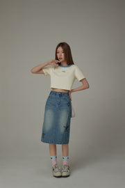 Hollow Star Washed Denim Medium Length Skirt