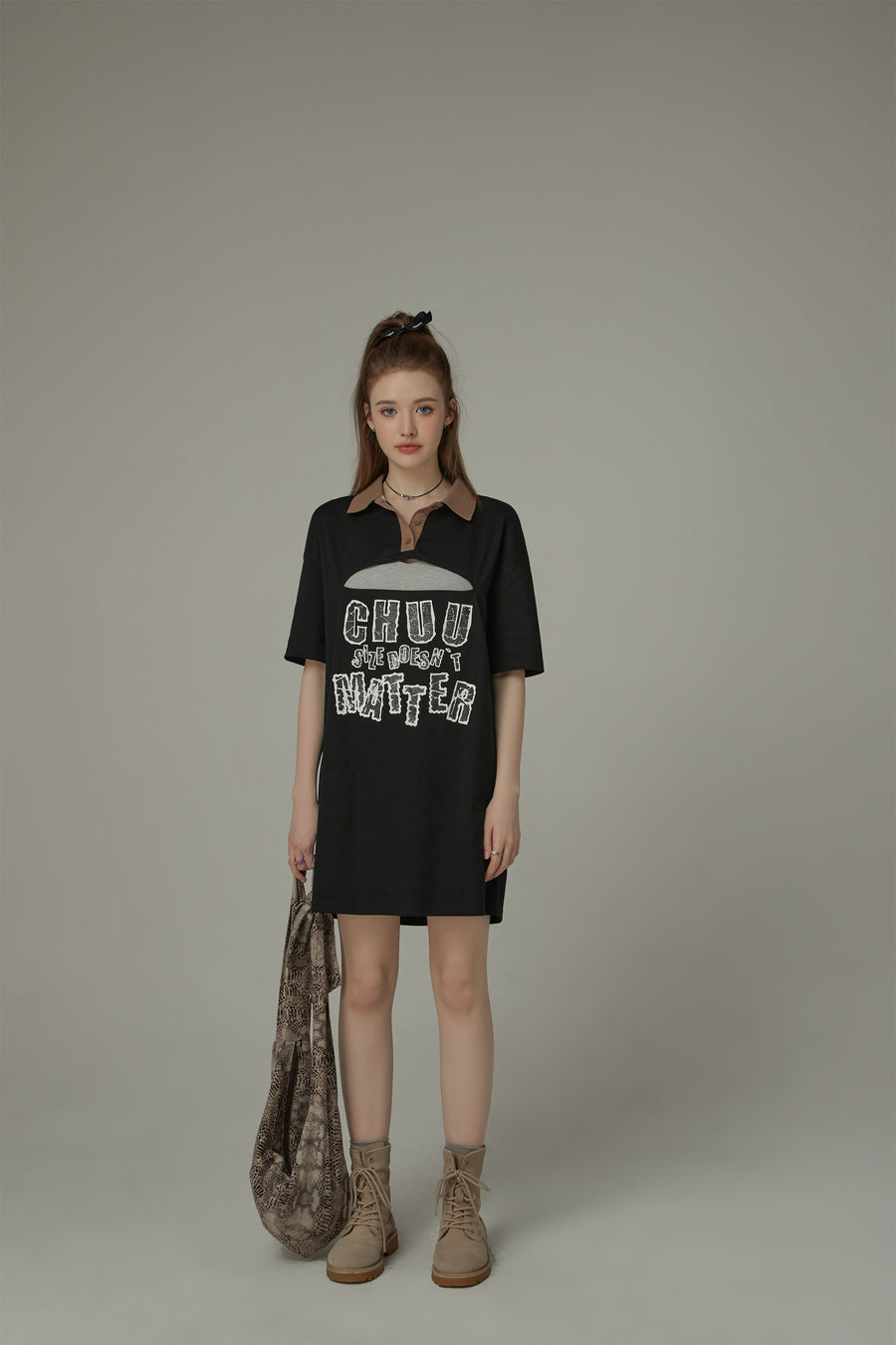 CHUU Chuu Size Doesnt Matter Front Cut Out Polo Neck T-Shirt Dress