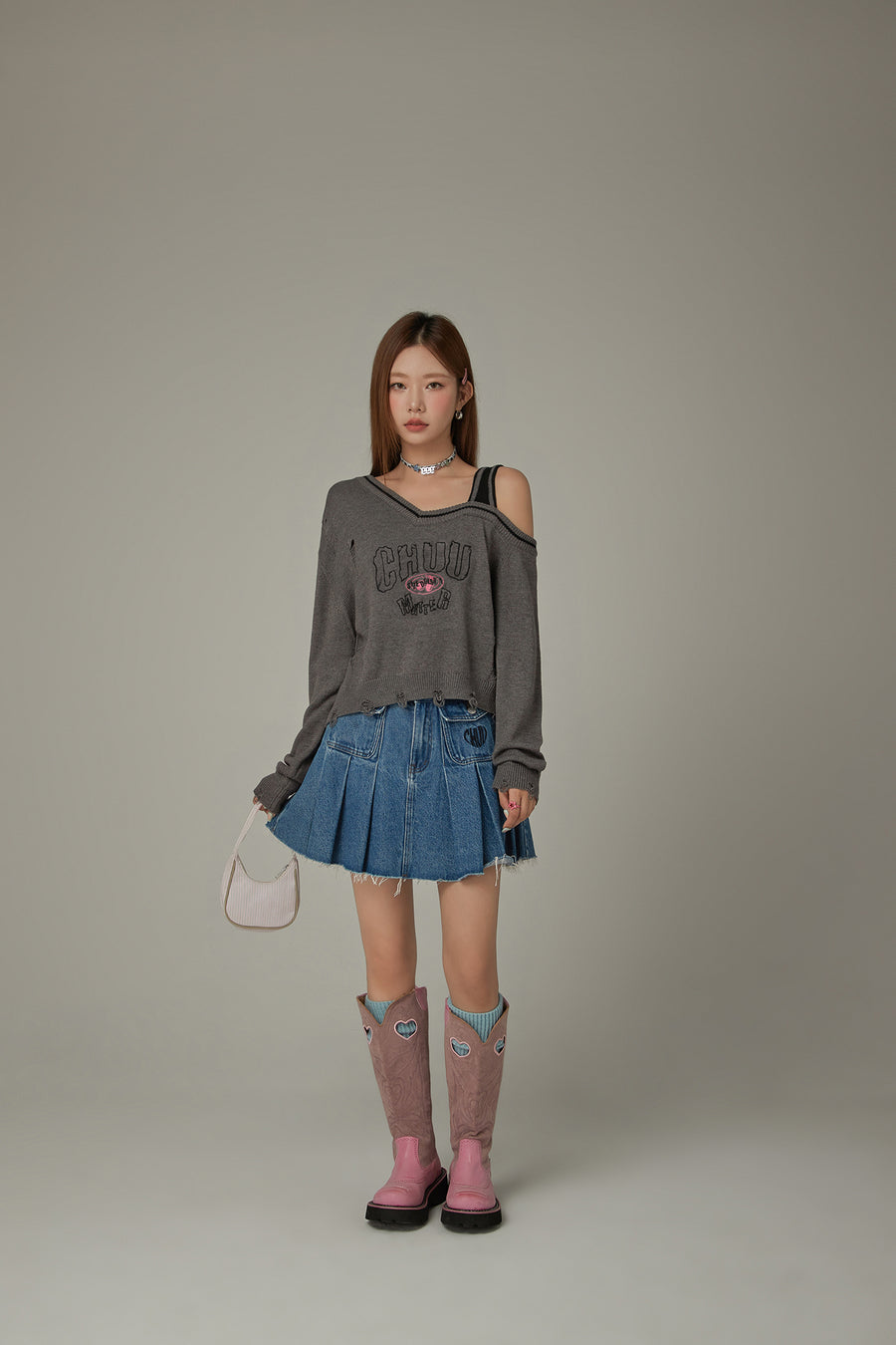 CHUU One Shoulder Cropped Loose Fit Knit Sweater