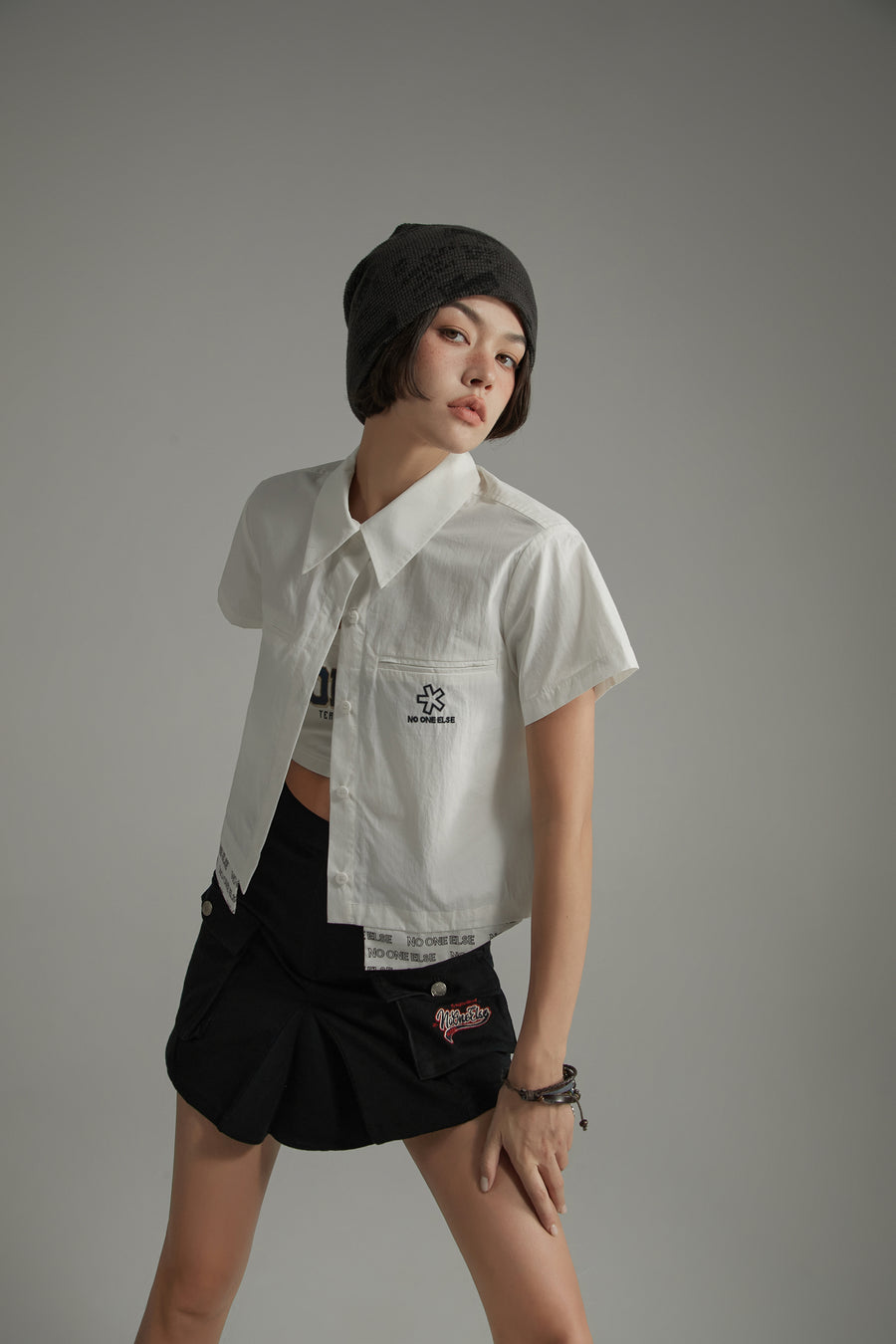 CHUU Cotton Embroidered Boxy Short Sleeve Crop Shirt