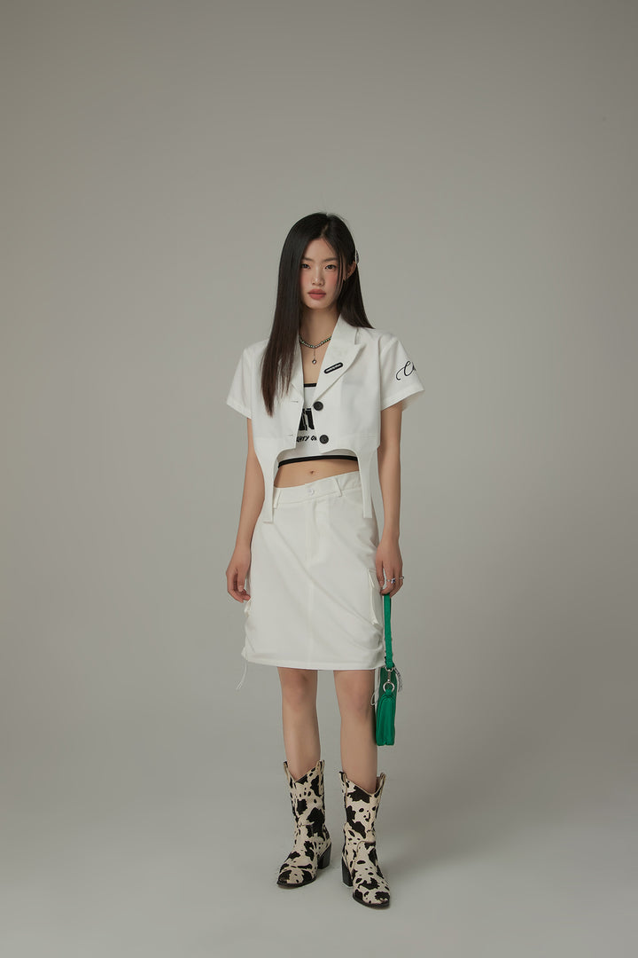 String Shirrring Daily Pocket Knee Length Skirt