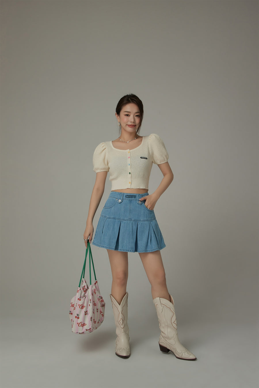 CHUU Denim Pleated Zipper Mini Skirt