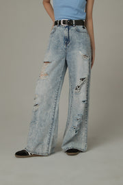 Distressed Straight Wide-Leg Denim Jeans