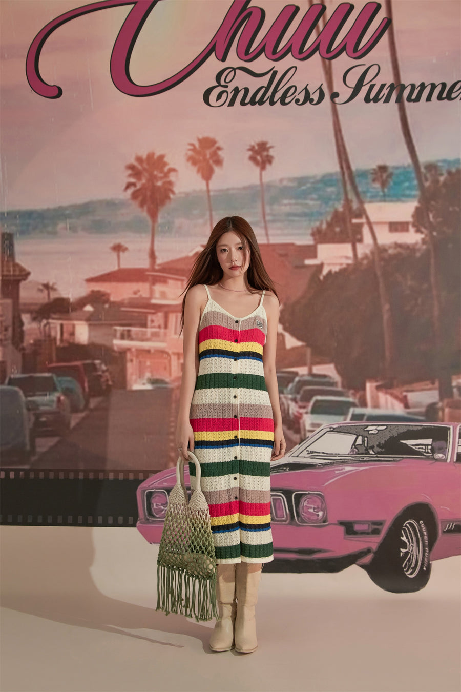 CHUU Striped Bustier Button Sleeveless Knit Dress