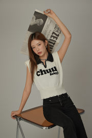 Logo Open Collar Cropped Knit Top