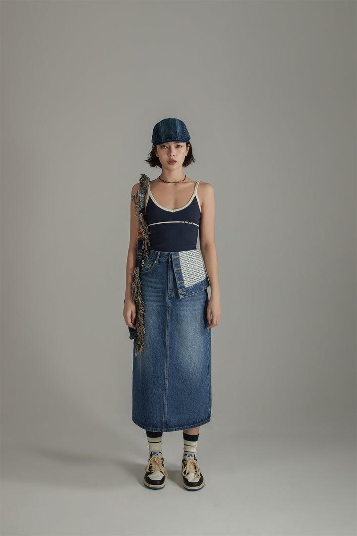 Unbalanced Logo Lettering Denim Long Skirt