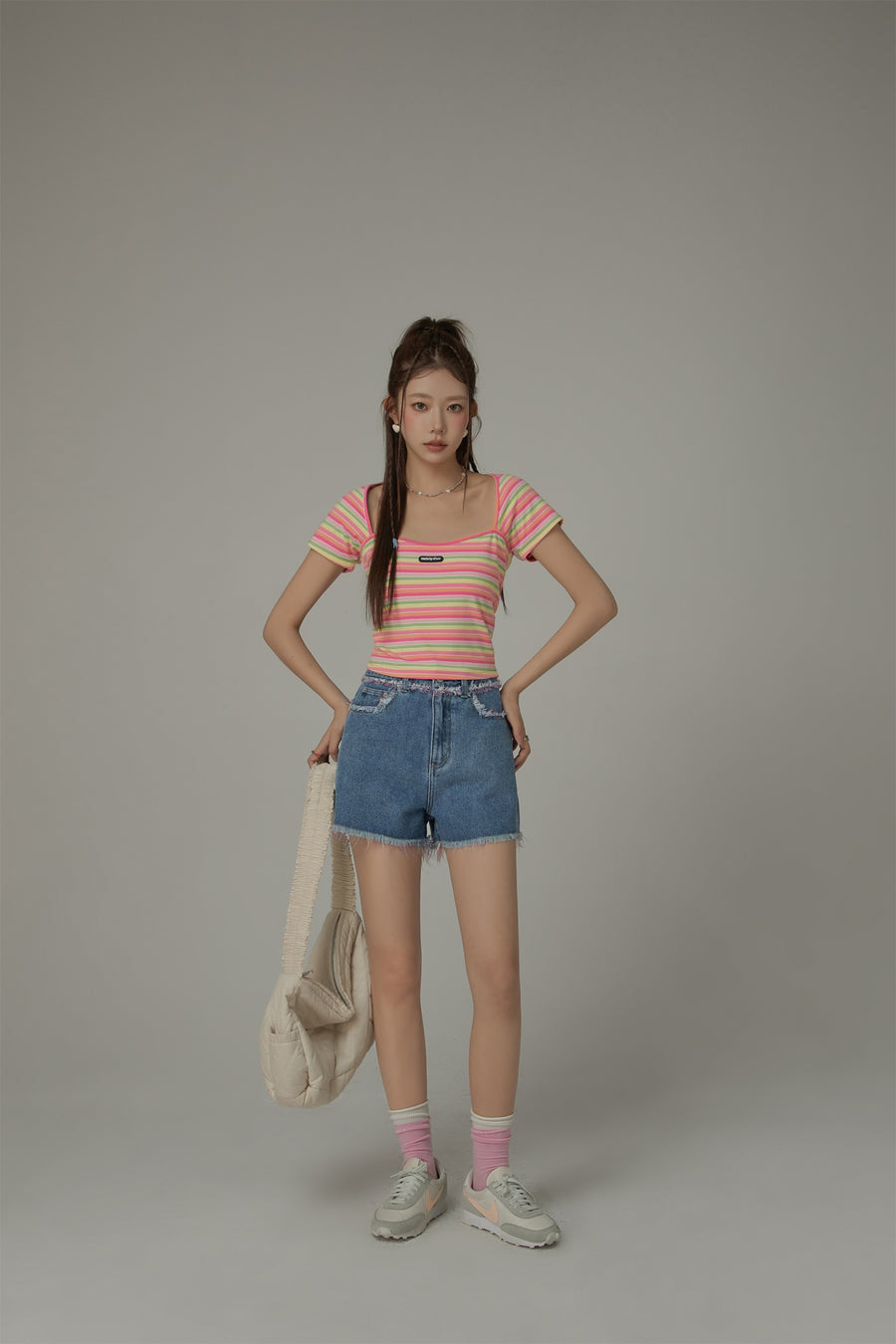 CHUU Rainbow Stripe Square Neck T-Shirt