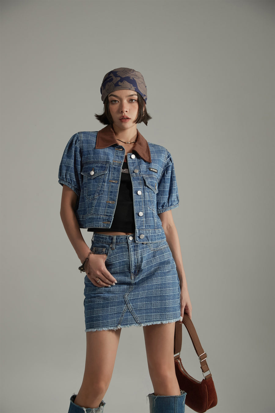 CHUU Vintage Check Puffy Short Sleeve Denim Jacket