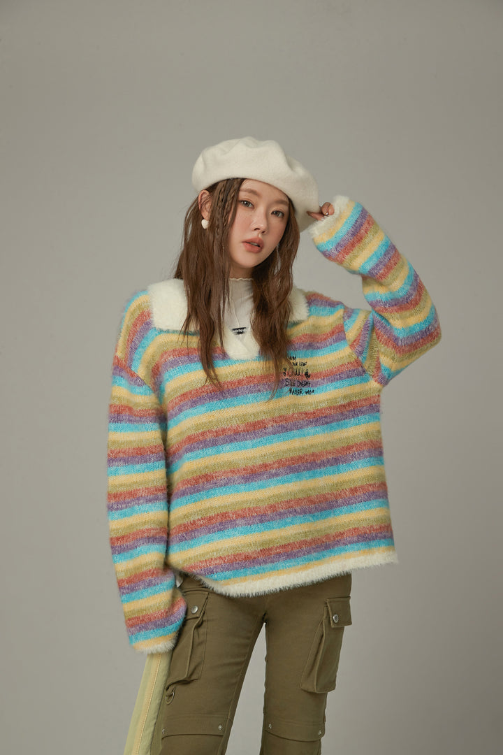 Collar Rainbow Stripe Knit Sweater