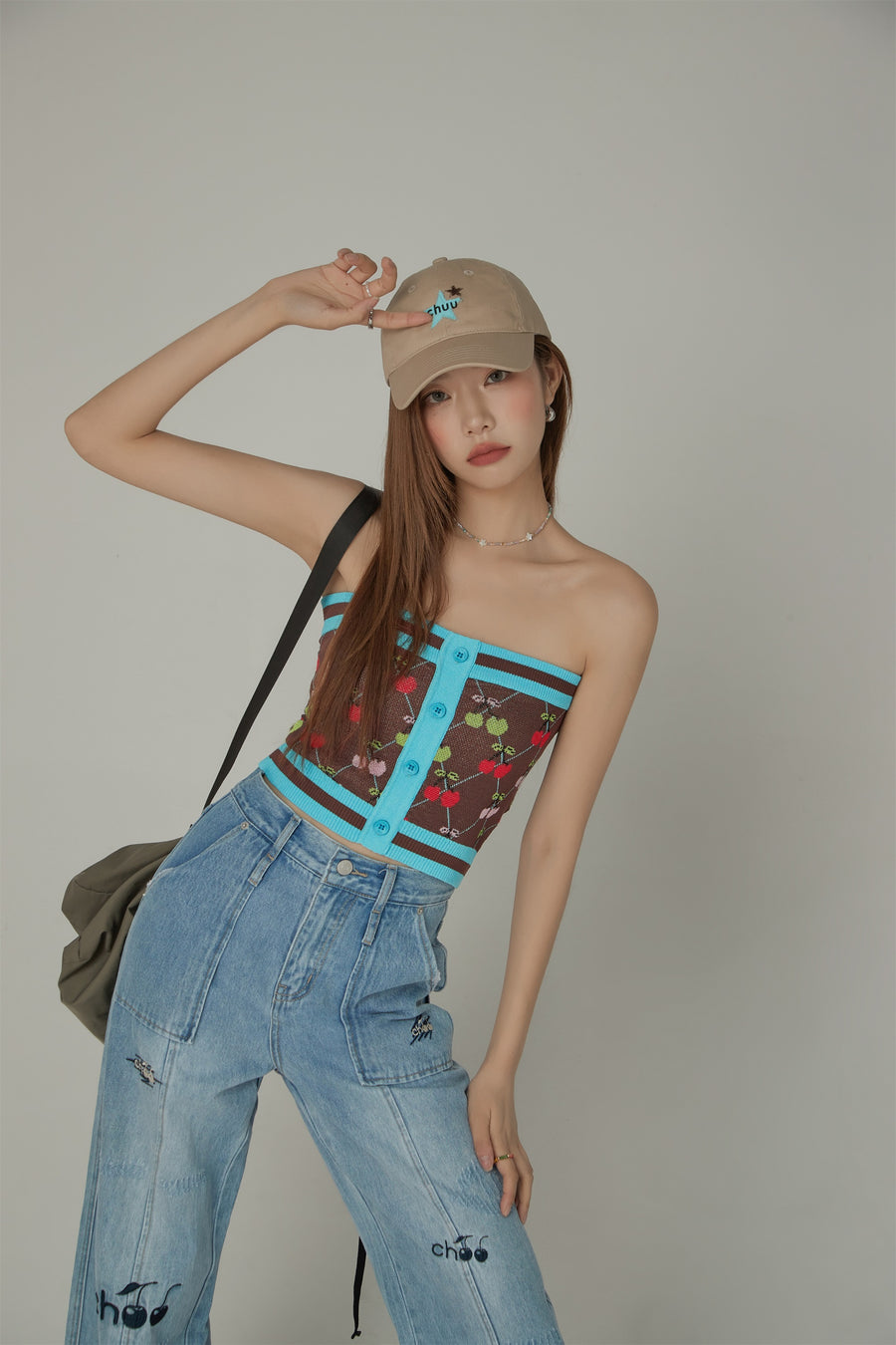 CHUU Cherry Argyle Colored Knit Tube Top